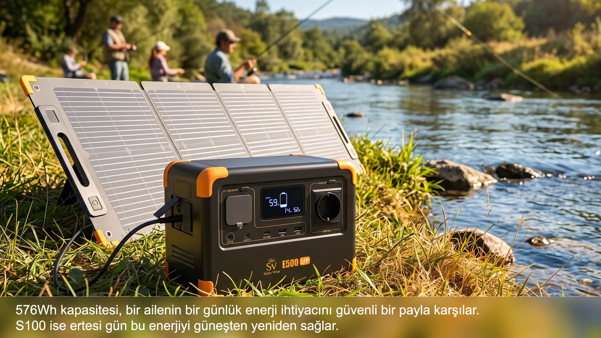 E500LFP ve S100 ile balık tutarken aile için güneş enerjisi.