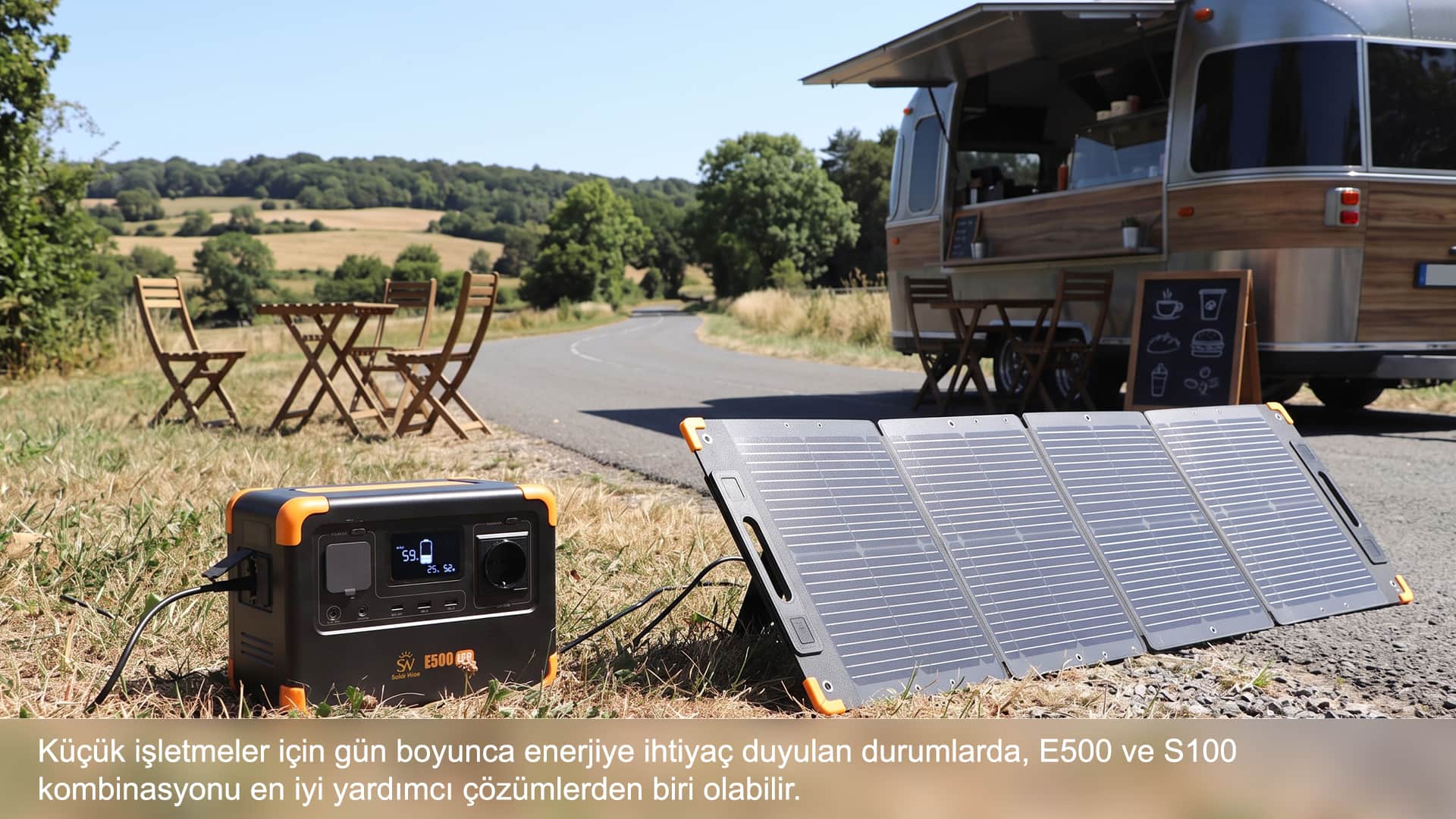 S100 ile karavan molalarında taşınabilir güneş enerjisi.