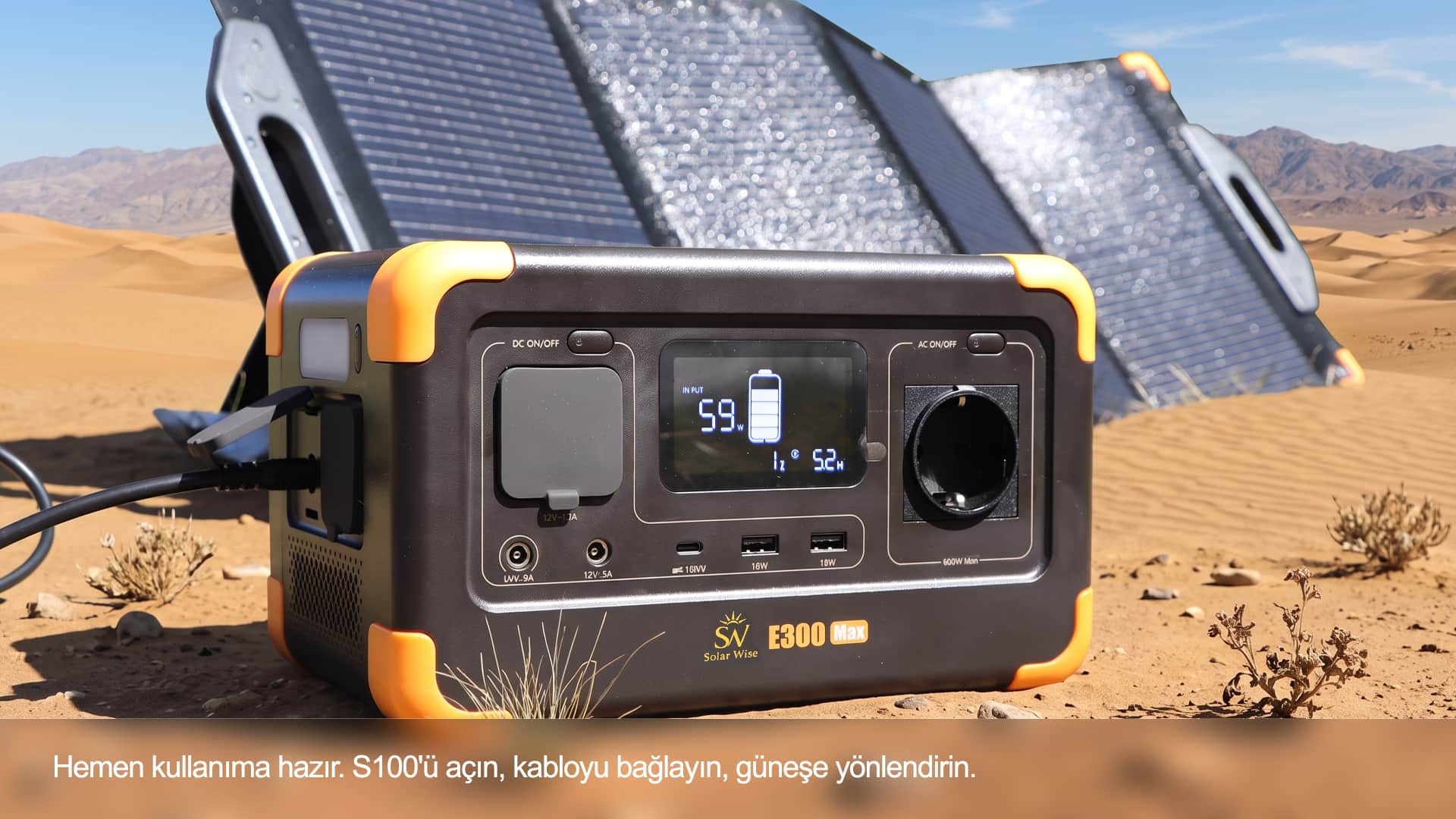 E300 Max, S100 katlanabilir güneş paneli ile çölde şarj oluyor — hemen kullanıma hazır
